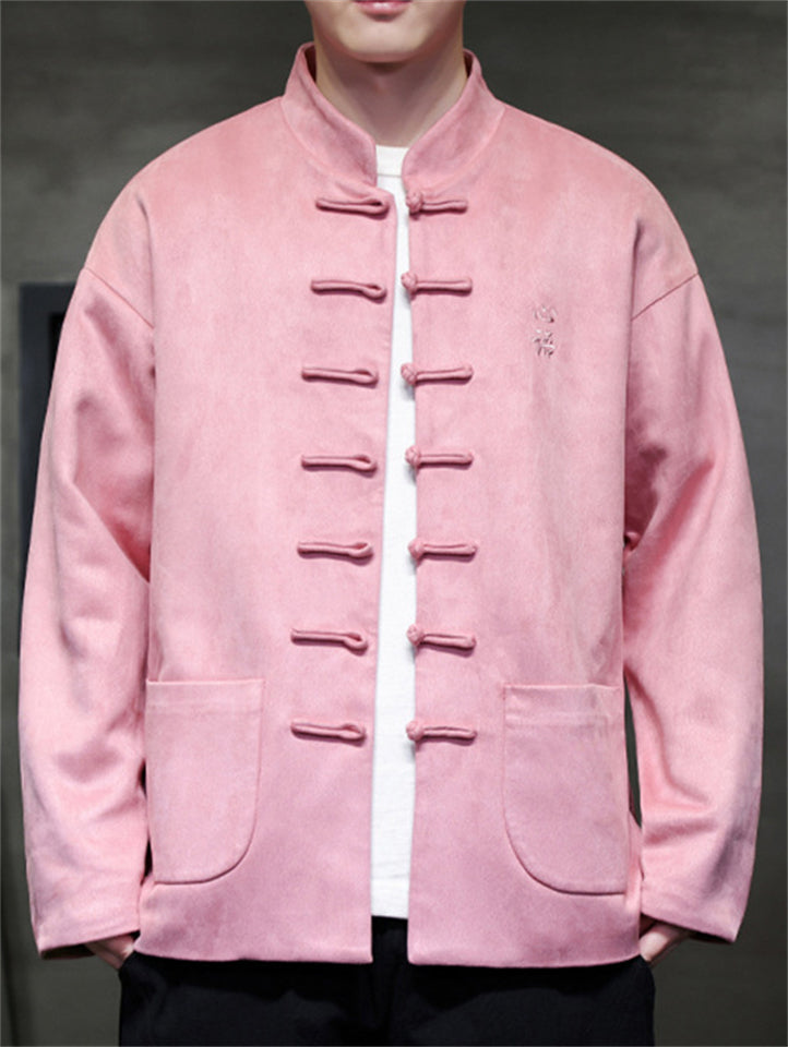 Men Chinese Style Stand Collar Loose Fit Jacket with Hanzi Embroidery