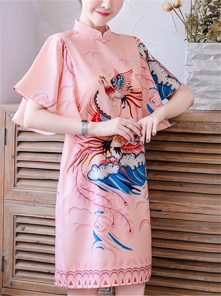 Women's Pink Elegant Phoenix Printed QIPAO Style Knee Length Dress