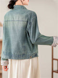Women's Embroidery Contrast Color Frog Button Denim Jacket
