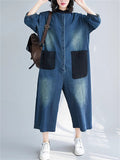 Retro Female Contrast Color Pockets Denim Jumpsuits