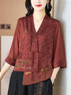 Women's Summer Ancient Style Embroidery Irregular Hem Shirt