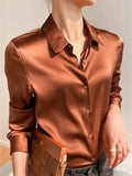 Ladies' Elegant Autumn OL Style Solid Color Long-sleeve Satin Shirts