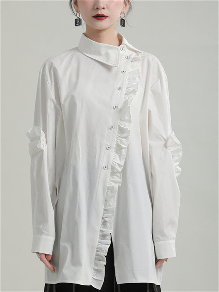 Women's Long Sleeve Asymmetric Collar Ruffled Trim Suit Shirts
