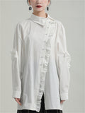 Women's Long Sleeve Asymmetric Collar Ruffled Trim Suit Shirts