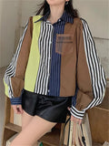 Women's Chic Contrast Color Striped Long Puffed Sleeve Shirts