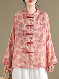 Women's Chinese Style Printed Frog Button Long Sleeve Tangsuit Shirt