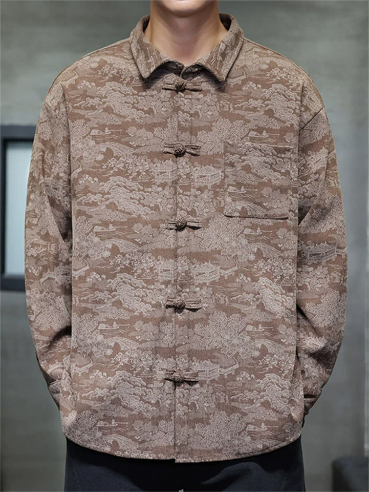 Chinese Style Landscape Pattern Mandarin Collar Jacket Casual Outerwear for Men