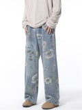 High Street Flowers Print Wide Leg Straight Denim Pants for Men