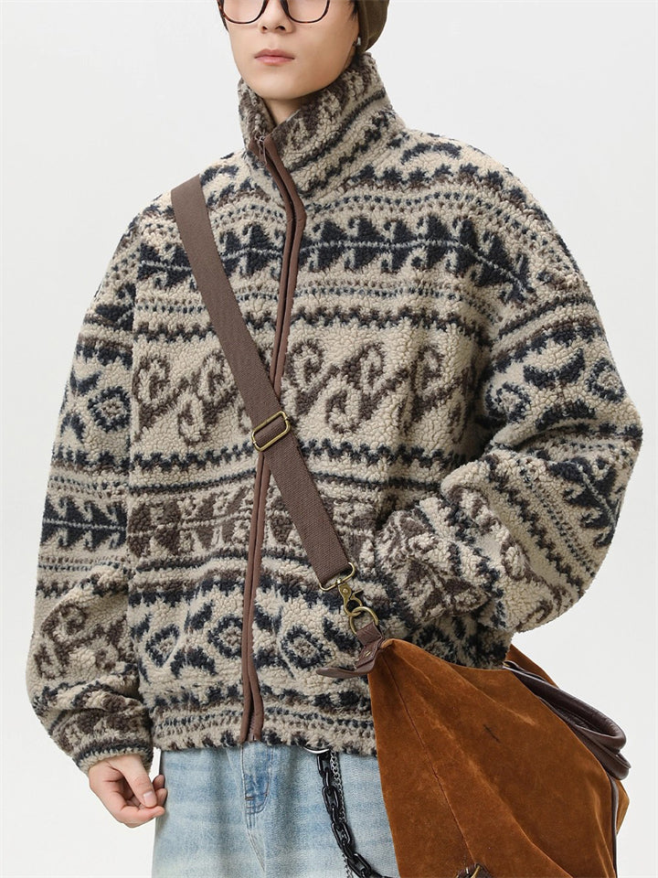 Men's Autumn Ethnic Style Jacquard Stand Collar Zip Up Cardigan Coats