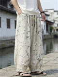 Mens Chinese Style Printed Drawstring Baggy Summer Pants