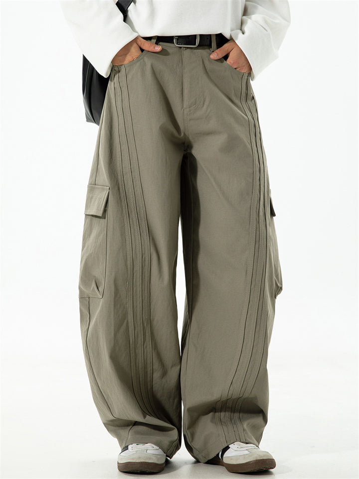 Men's Retro Japanese Style Pleated Pockets Wide Leg Scimitar Cargo Pants
