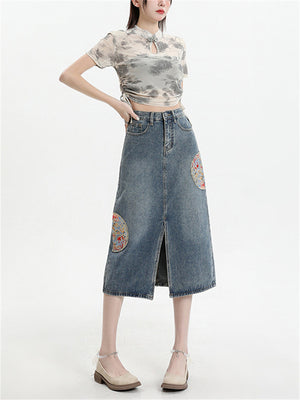 Women's Semicircle Embroidery Front Split Denim Skirts