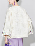 Chinese Style Round Neck Long Sleeve Jacquard Shirt for Women