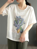 Women's Summer Retro Floral Printed Round Neck Loose Short Sleeve Shirts