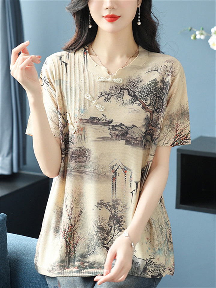 Women's Loose Print Short Sleeve Slant Placket Knit Shirts