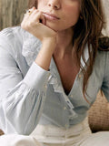 Women's Elegant Autumn Cotton Striped Hollow Stand Collar Long Sleeve Shirts