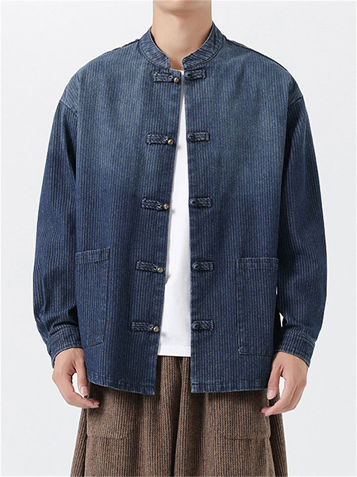 Chinese Style Retro Loose Frog Button Denim Jacket for Men