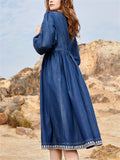 Women's Ethnic Style V Neck Puff Sleeve High-Rise Denim Dress