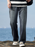 Men's Steetwear Retro Blue Mid Waist Loose Straight Fit Casual Jeans