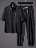 Men's 2Pcs Summer Comfy Frog Button V Neck Solid Color Outfits