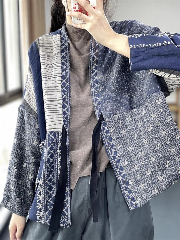 Women's Autumn Blue Printed Long Sleeve Lace Up Cardigan Coat