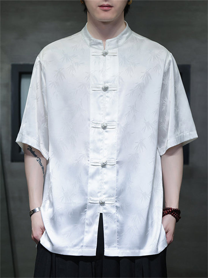 Men's Summer Bamboo Leaves Printed Stand Collar Short Sleeve TangSuit Shirts