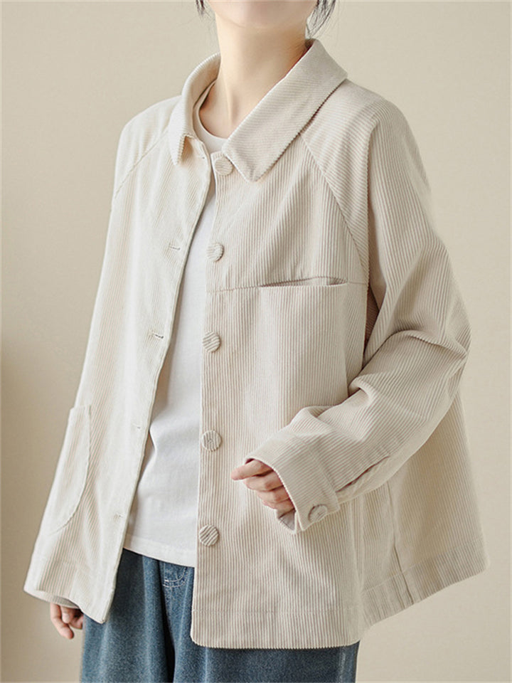 Women's Beige Corduroy Lapel Long Sleeve Jacket