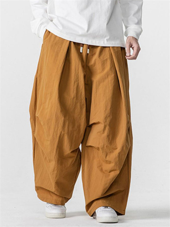 Men's Retro Solid Color Drawstring Wide Leg Cargo Pants