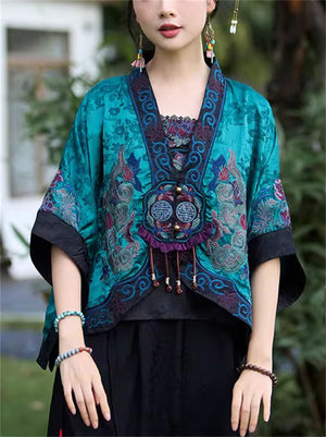 Women's Ethnic Style Embroidered BatWing Sleeve Cardigan Cloak Jacket