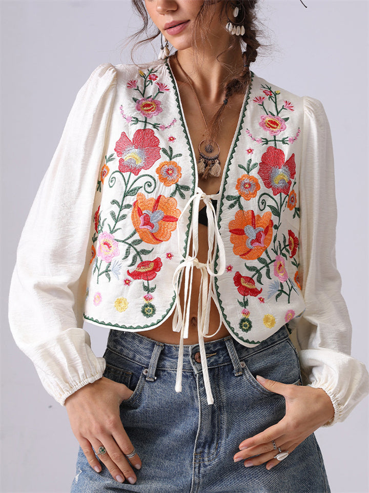 Women's French Style Flowers Embroidery Lace Up Cardigan Shirt