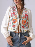 Women's French Style Flowers Embroidery Lace Up Cardigan Shirt