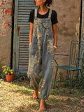 Women Floral Denim Baggy Wide Leg Overalls Jumpsuit with Pockets