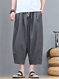 Men Striped Cotton Linen Baggy Wide Leg Cropped Harem Pants