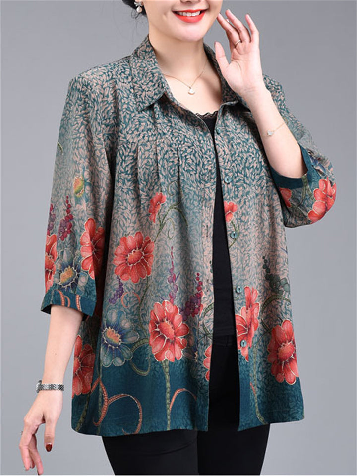 Women's Plus Size Casual Summer Flowers Print  3/4 Sleeve Shirt