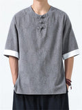 Men's Casual Chinese Style Print Round Collar Half Sleeve Shirt