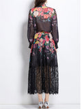 Women Two-piece Lantern Sleeve Shirt and Elastic High Waist Lace Skirt