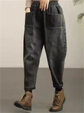 Women's Casual Solid Color Pockets Harem Denim Jeans