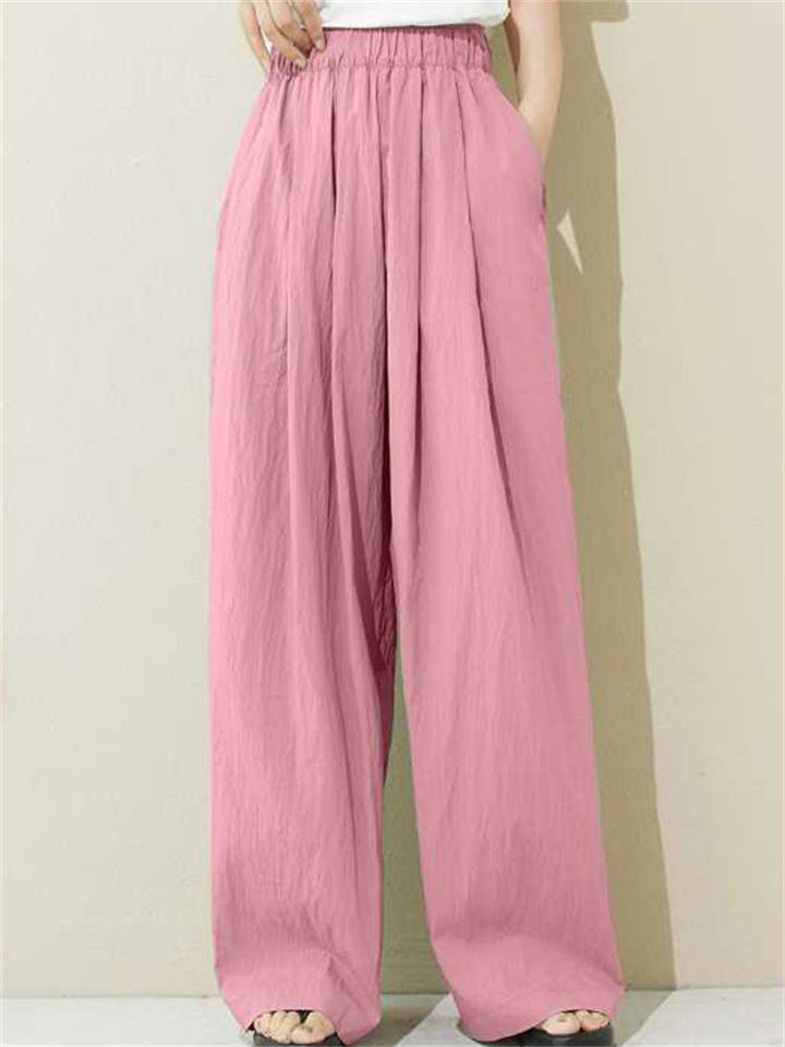 Casual Solid Color Elastic Waist Wide Leg Pants for Women