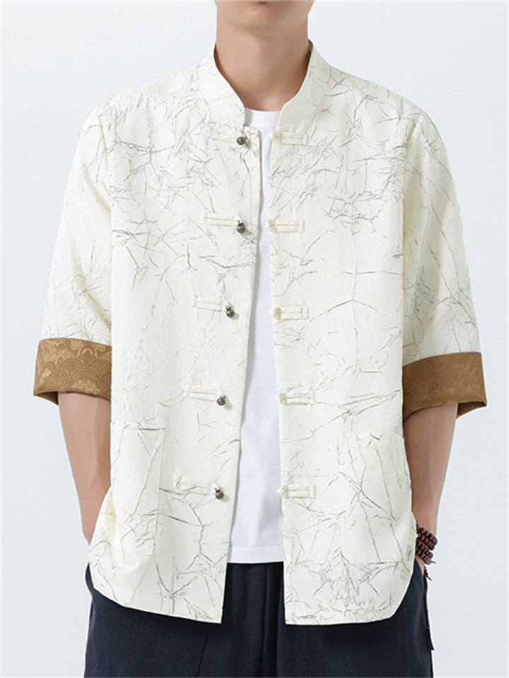 Chinese Style Men's Texture Stand Collar Half Sleeve Shirts