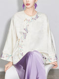 Chinese Style Round Neck Long Sleeve Jacquard Shirt for Women