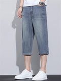 Mens Ice Silk Relaxed Fit Denim Capri Shorts Loose Summer Jeans