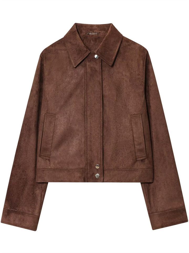 Women's Autumn Retro Solid Color Zip Up Lapel Short Jackets