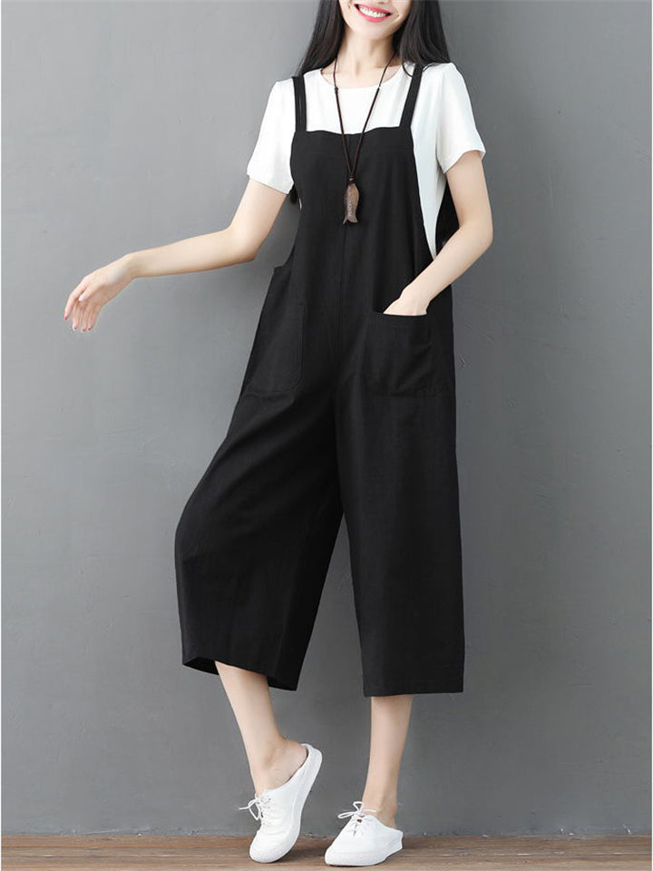 Summer Female Solid Color Wide Leg Overall Cropped Jumpsuits