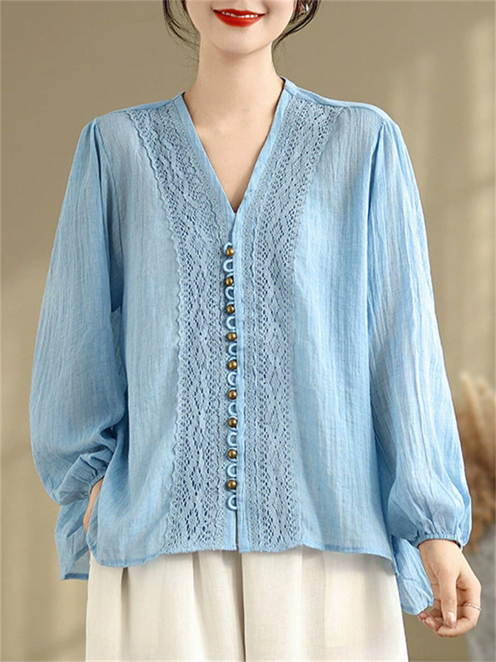 Women's Summer Elegant Loose Lace Patchwork Solid Color Long Sleeve Shirts
