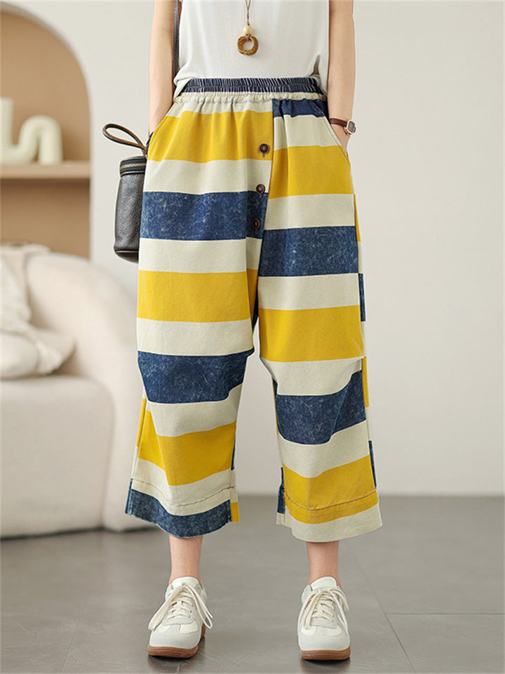 Women's Casual Contrast Color Wide Leg Cropped Harem Pants