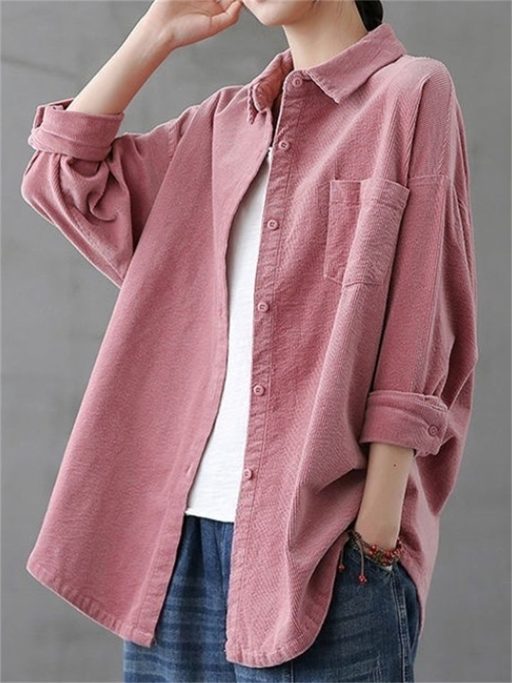 Retro Corduroy Pattern Long Sleeve Lapel Shirts for Women