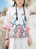 Women's Summer Contrast Color Ethnic Style Embroidered  Button Up Shirts