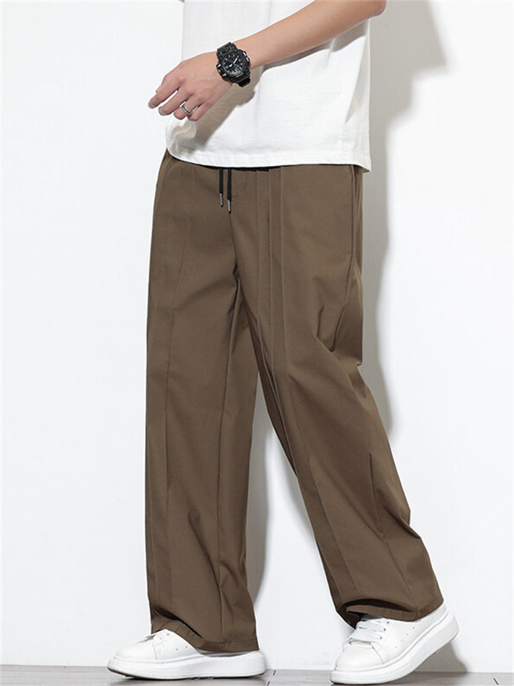 Men's Solid Color Drawstring Pleated Straight Pants