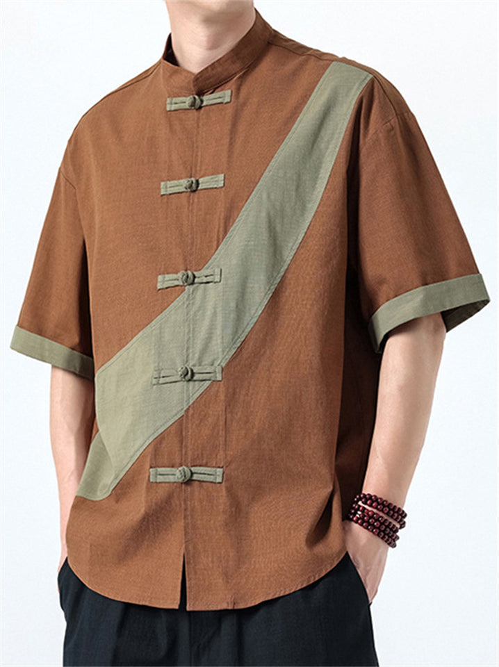 Men's Chinese Style Color Block Cotton Linen Short Sleeve Tang Suit Shirts