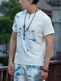 Men's Summer Blue Tie-dye V Neck Short Sleeve T Shirt